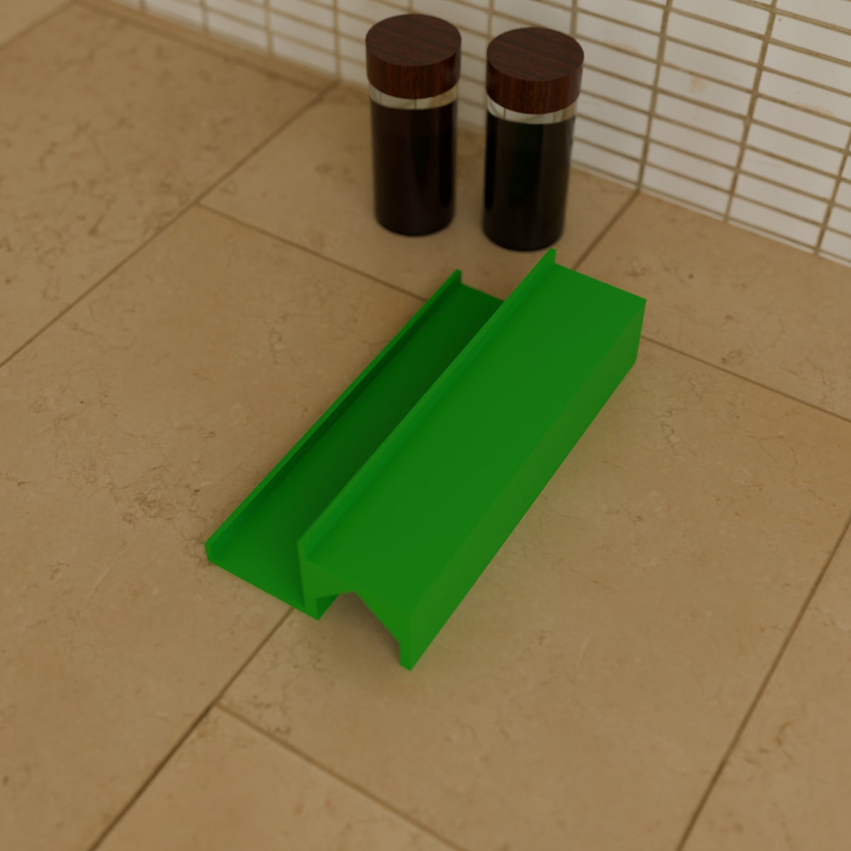2-Tier Spice Rack in Bright Green PLA, with spice jars on a kitchen counter