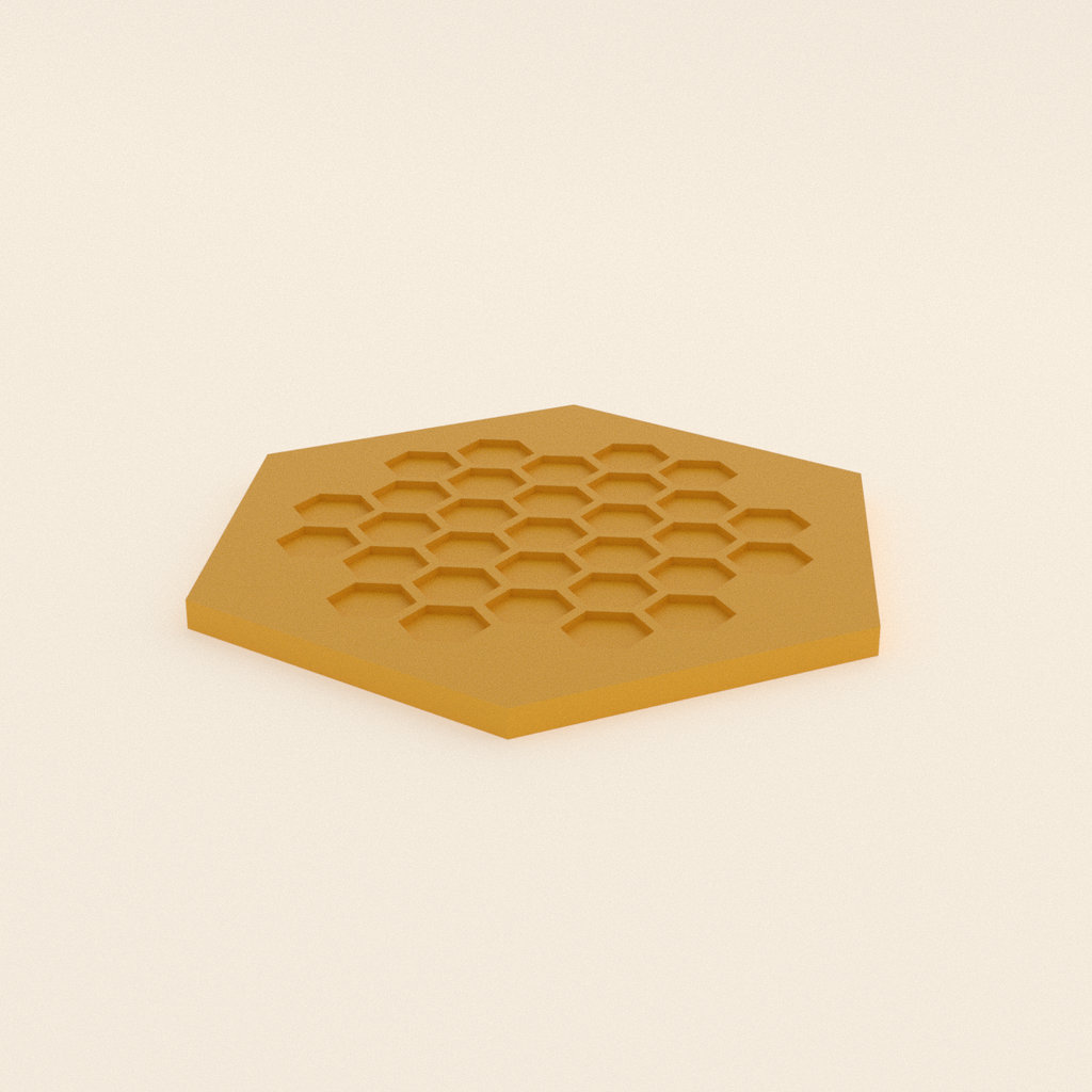 Honeycomb Hex Coaster in Matte Yellow PLA, 3D render on a plain background