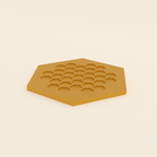Honeycomb Hex Coaster in Matte Yellow PLA, 3D render on a plain background