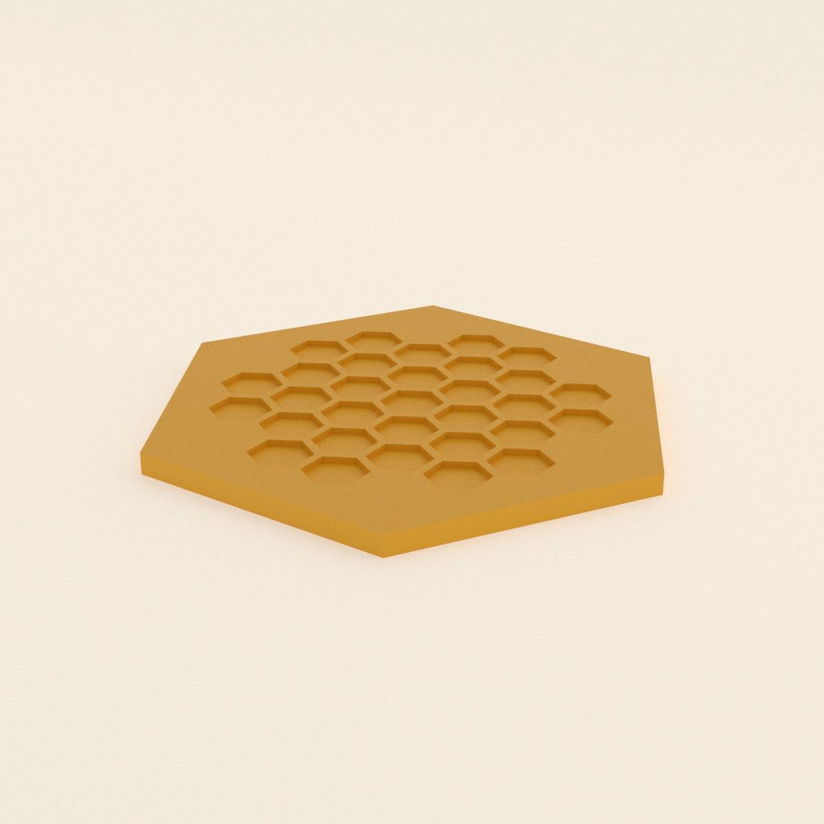 Honeycomb Hex Coaster in Matte Yellow PLA, 3D render on a plain background