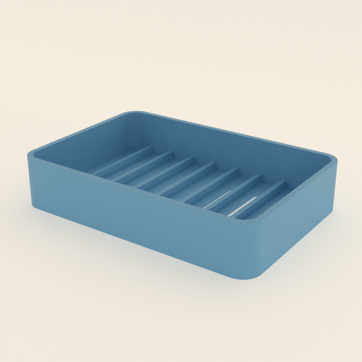 Draining Sponge Holder in Matte Sky Blue PETG, 3D render on a plain background
