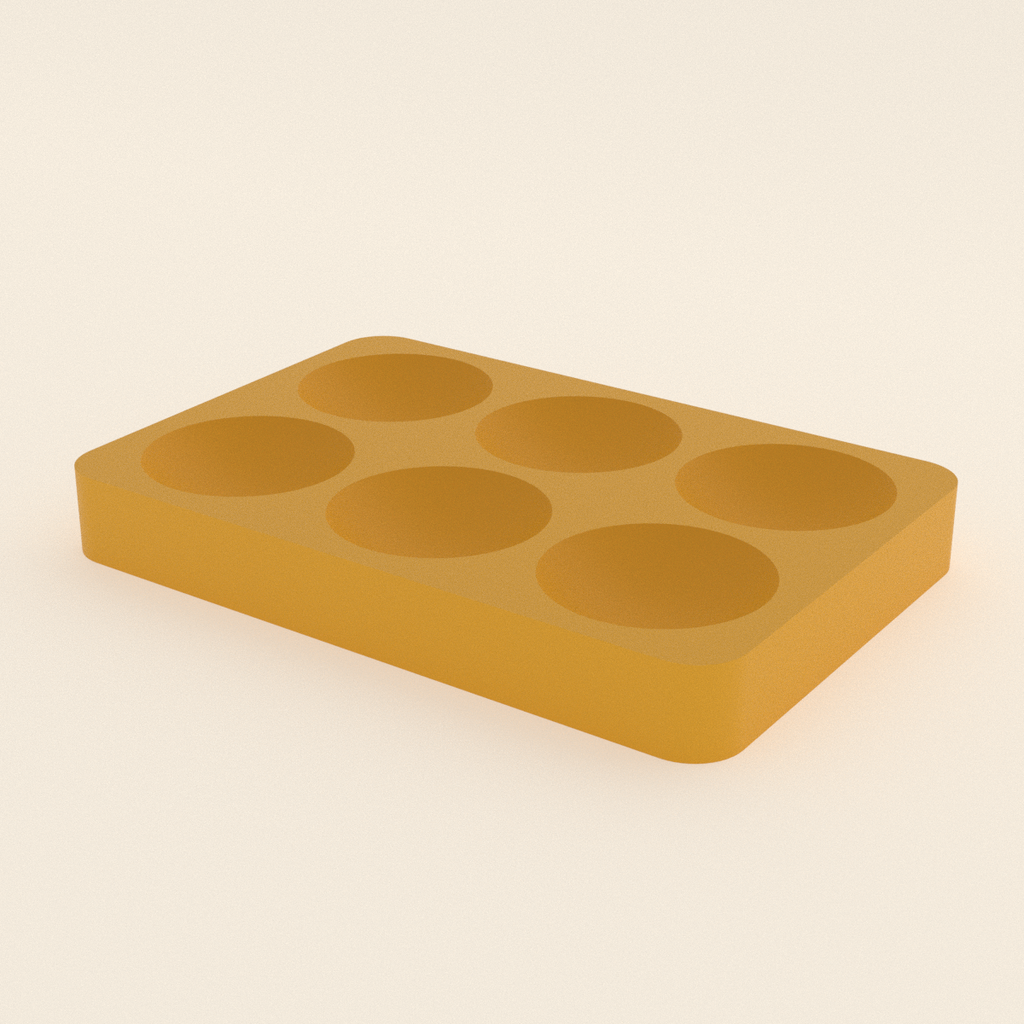 6-Egg Fridge Tray in Matte Yellow PLA, 3D render on a plain background