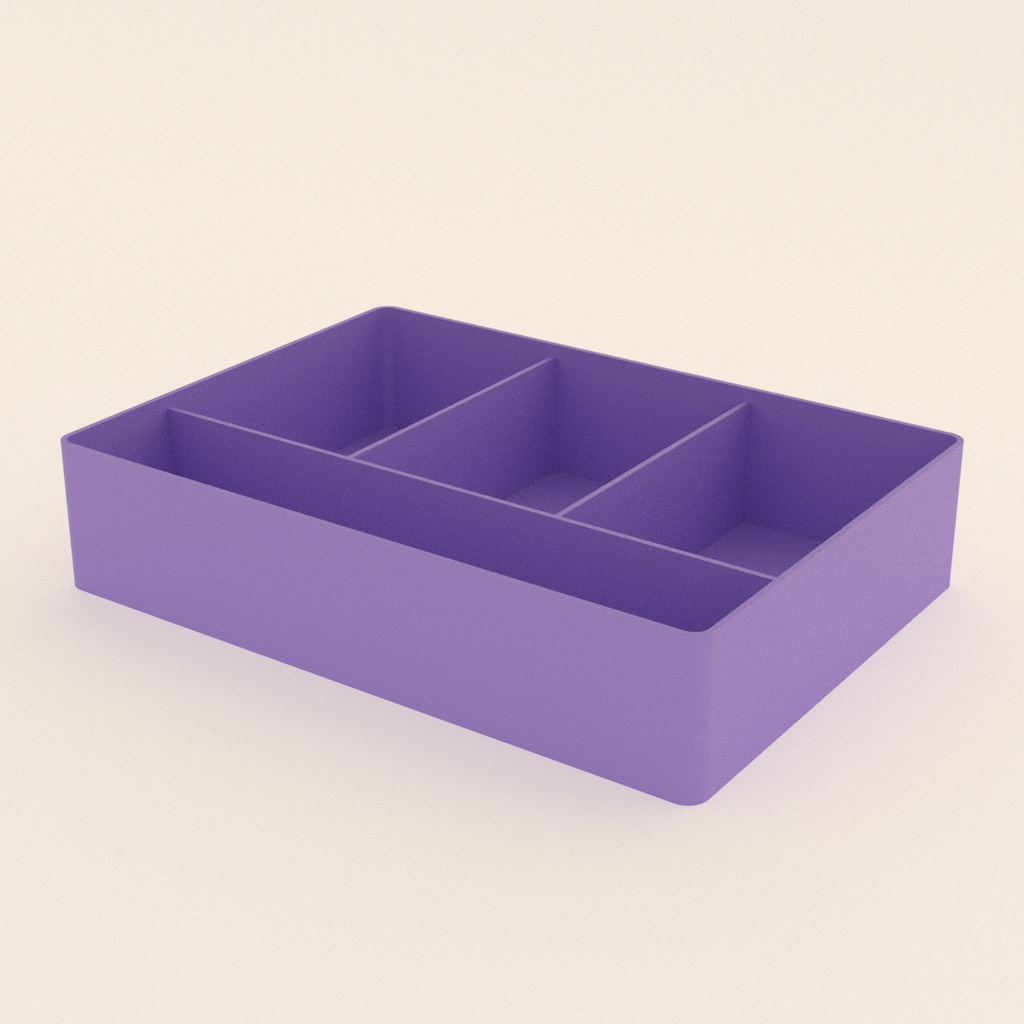 Junk Drawer Organizer Tray in Matte Lavender PLA, 3D render on a plain background
