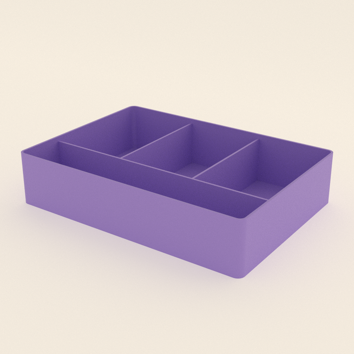 Junk Drawer Organizer Tray in Matte Lavender PLA, 3D render on a plain background