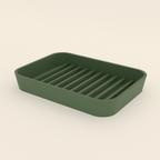 Draining Soap Dish in Matte Sage Green PETG, 3D render on a plain background