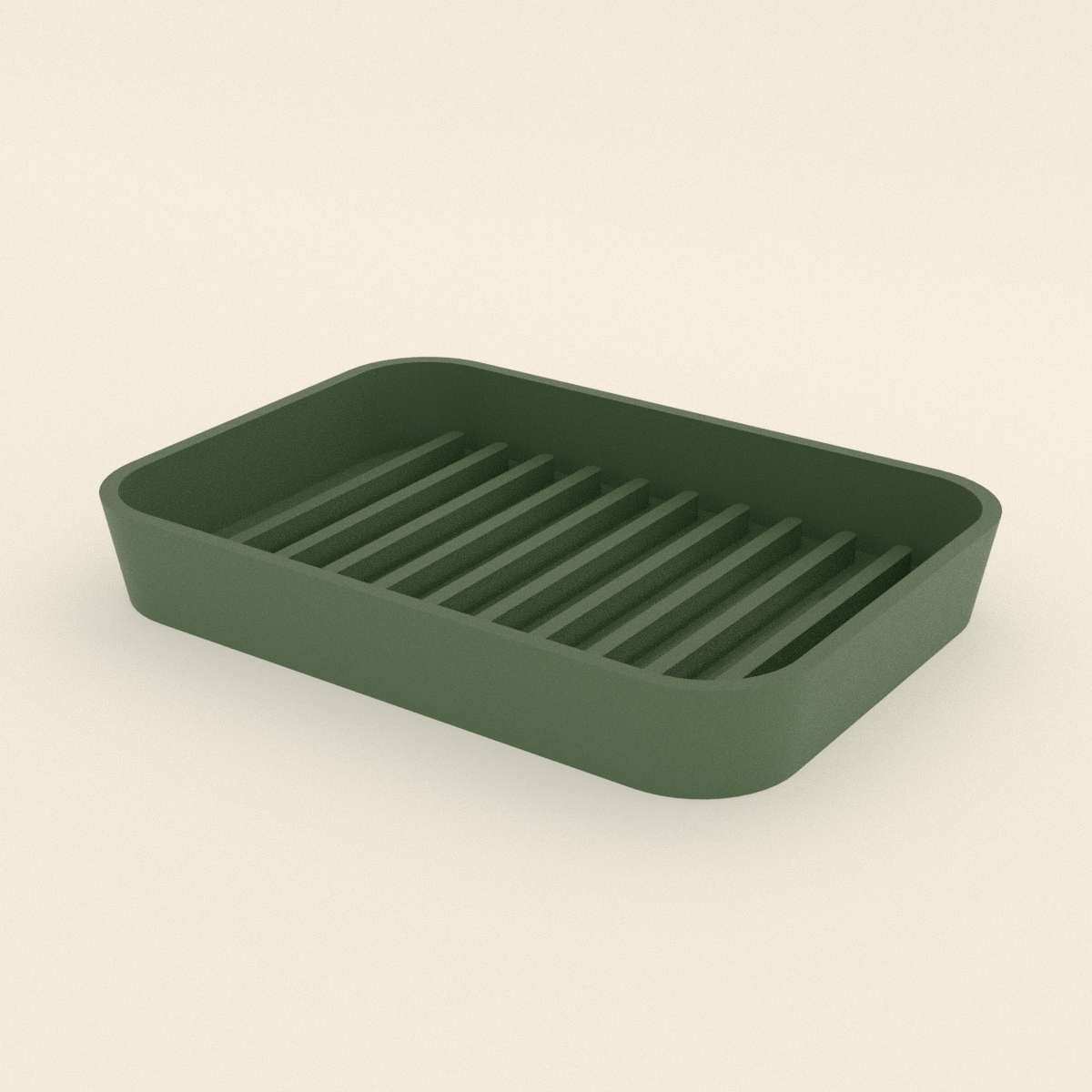 Draining Soap Dish in Matte Sage Green PETG, 3D render on a plain background