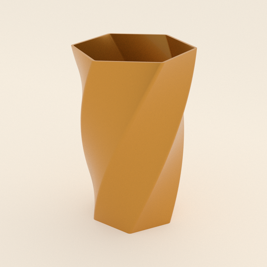 Twisted Hex Vase in Silk Gold PETG, 3D render on a plain background