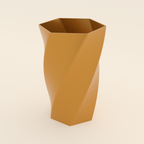 Twisted Hex Vase in Silk Gold PETG, 3D render on a plain background