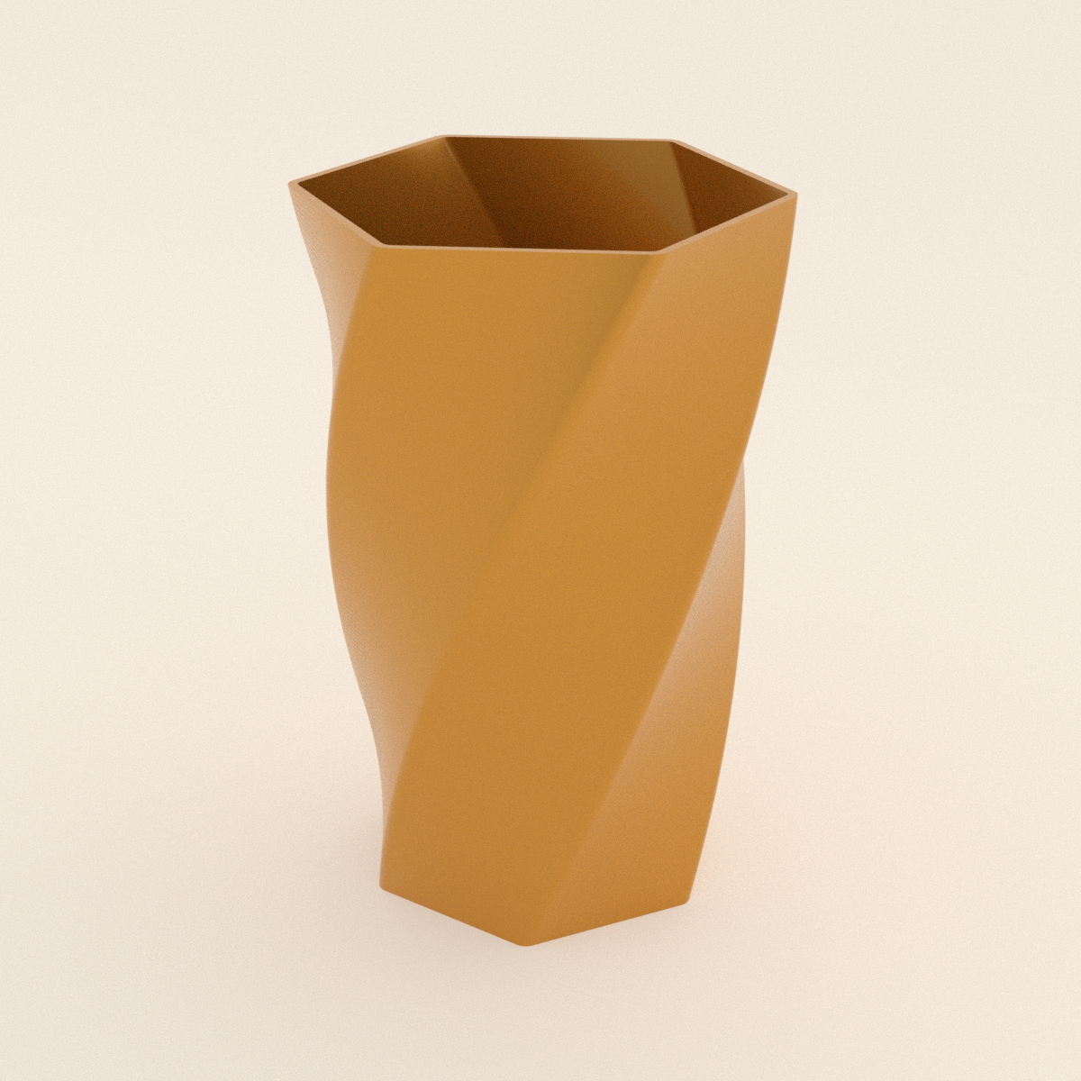Twisted Hex Vase in Silk Gold PETG, 3D render on a plain background