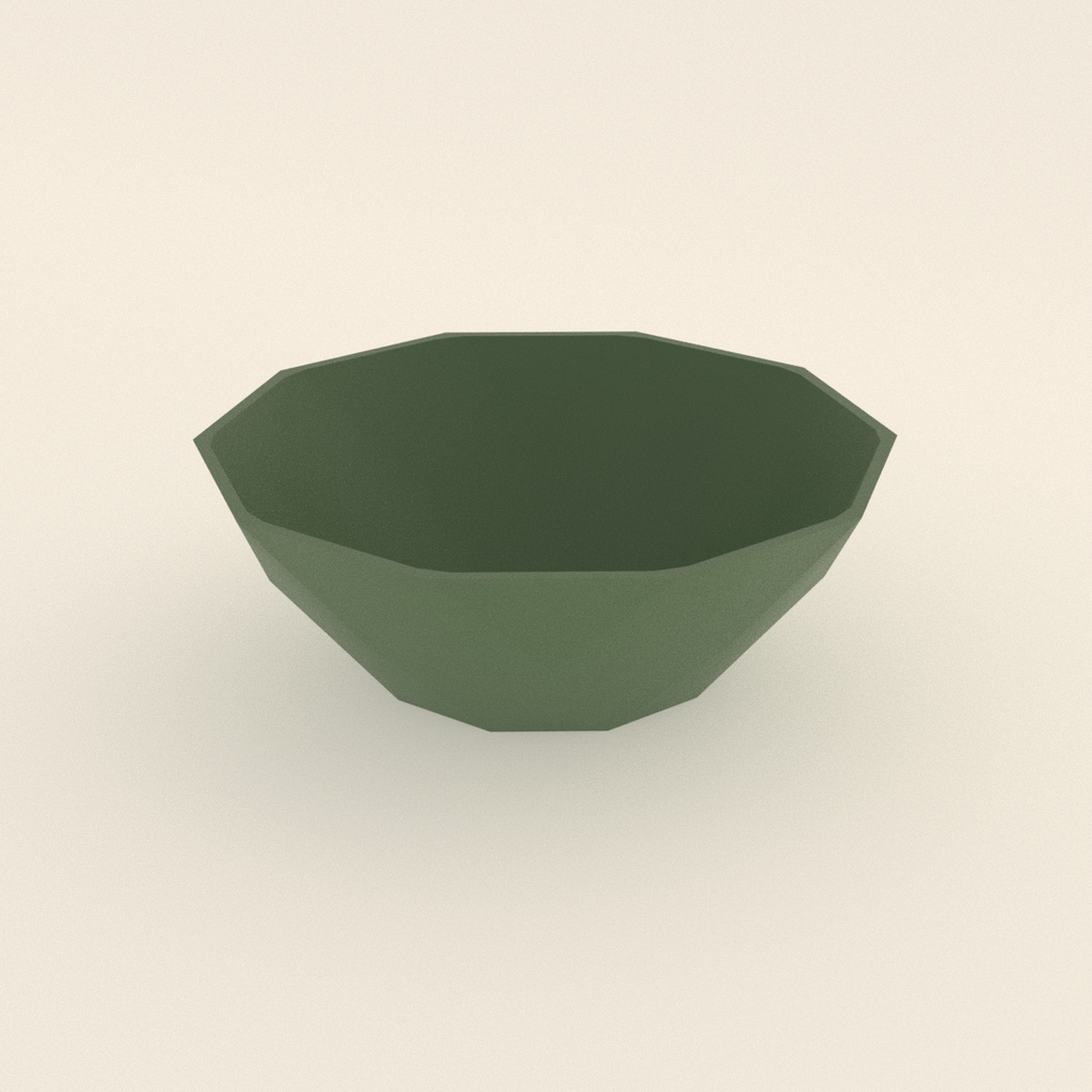 Low-Poly Geometric Bowl in Matte Sage Green PLA, 3D render on a plain background