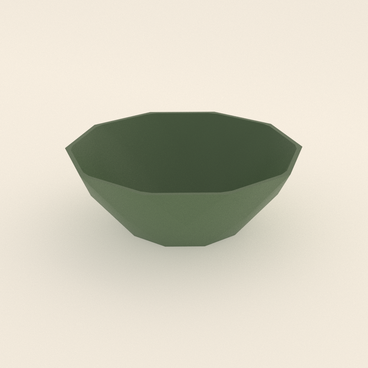 Low-Poly Geometric Bowl in Matte Sage Green PLA, 3D render on a plain background