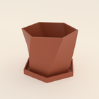 Geometric Planter with Saucer in Matte Terracotta PETG, 3D render on a plain background