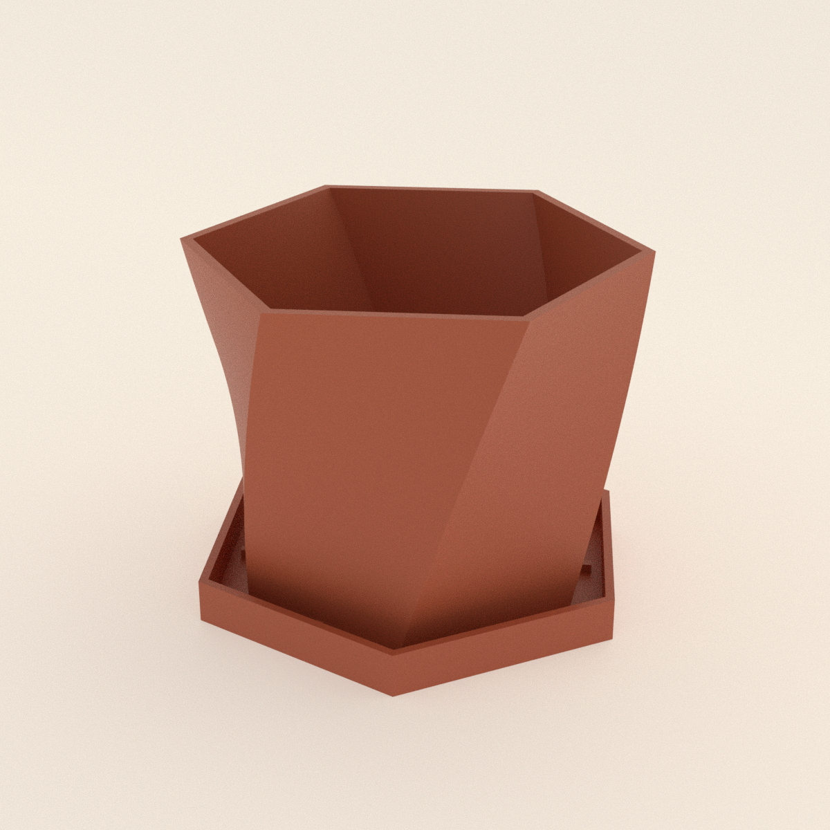 Geometric Planter with Saucer in Matte Terracotta PETG, 3D render on a plain background