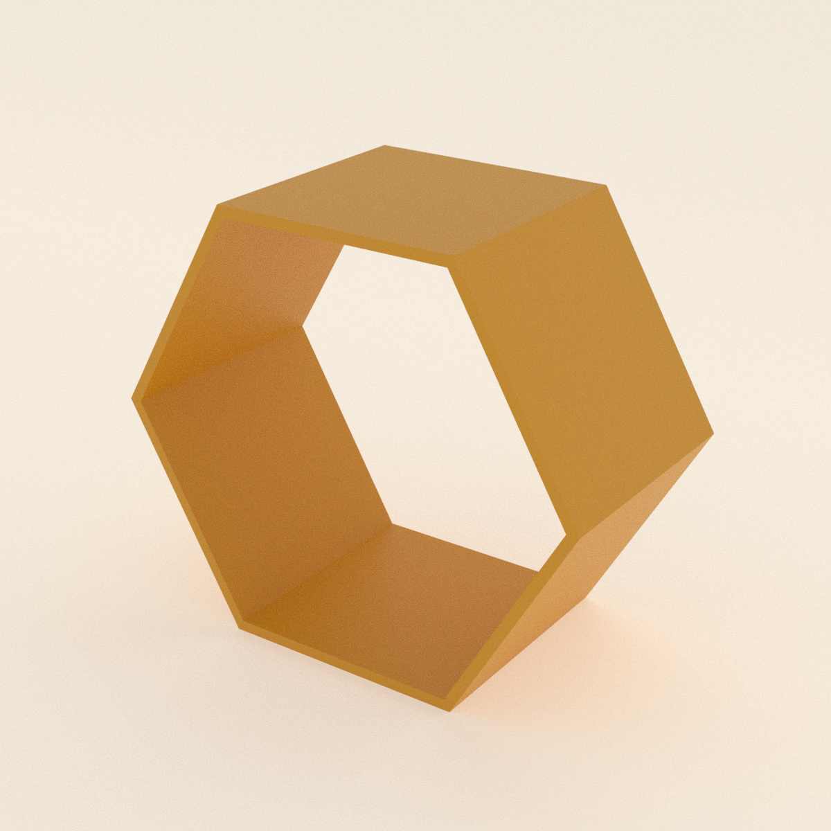 Hexagon Floating Wall Shelf in Matte Mustard PLA, 3D render on a plain background