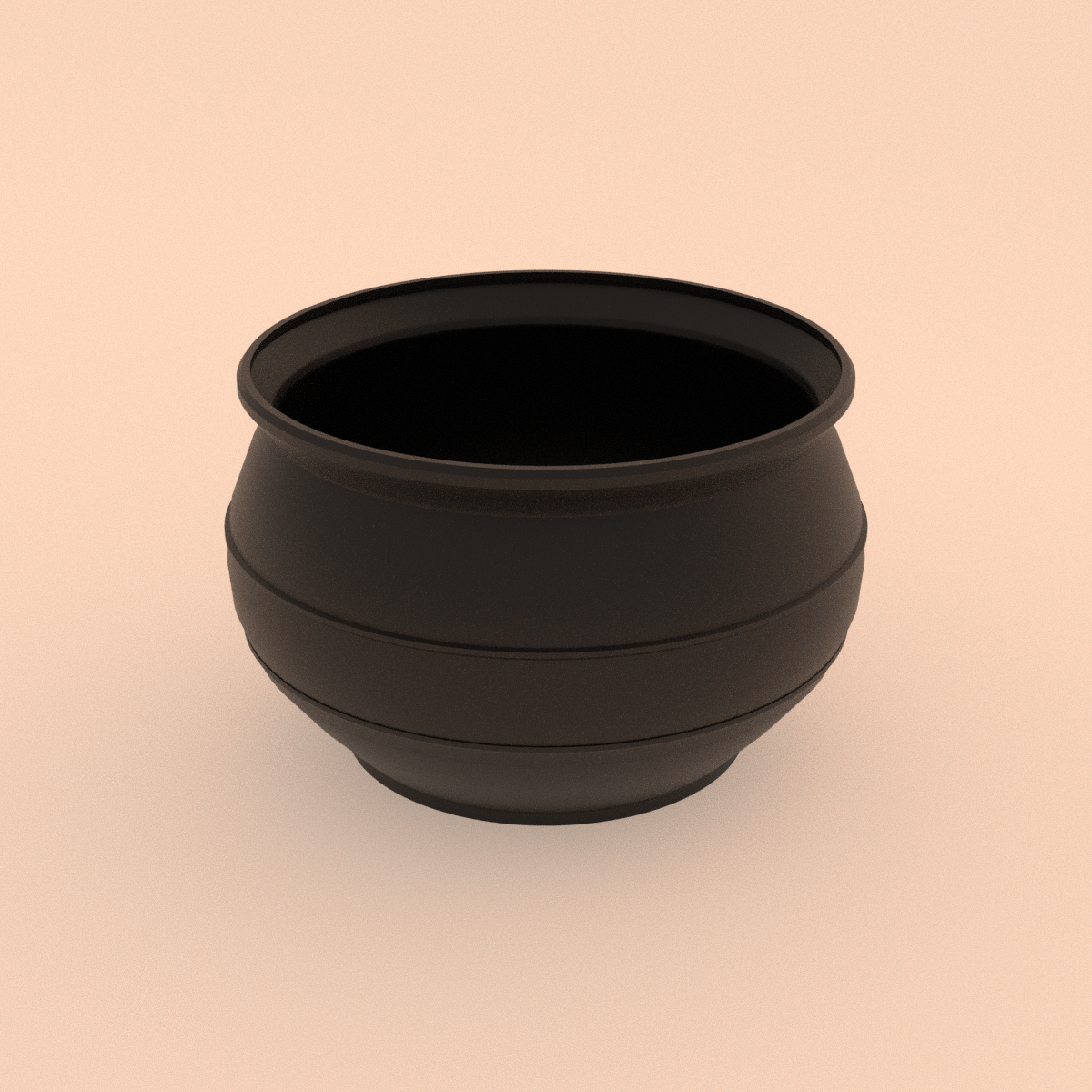 Cauldron Candy Dish in Matte Black PLA, 3D render on a plain background