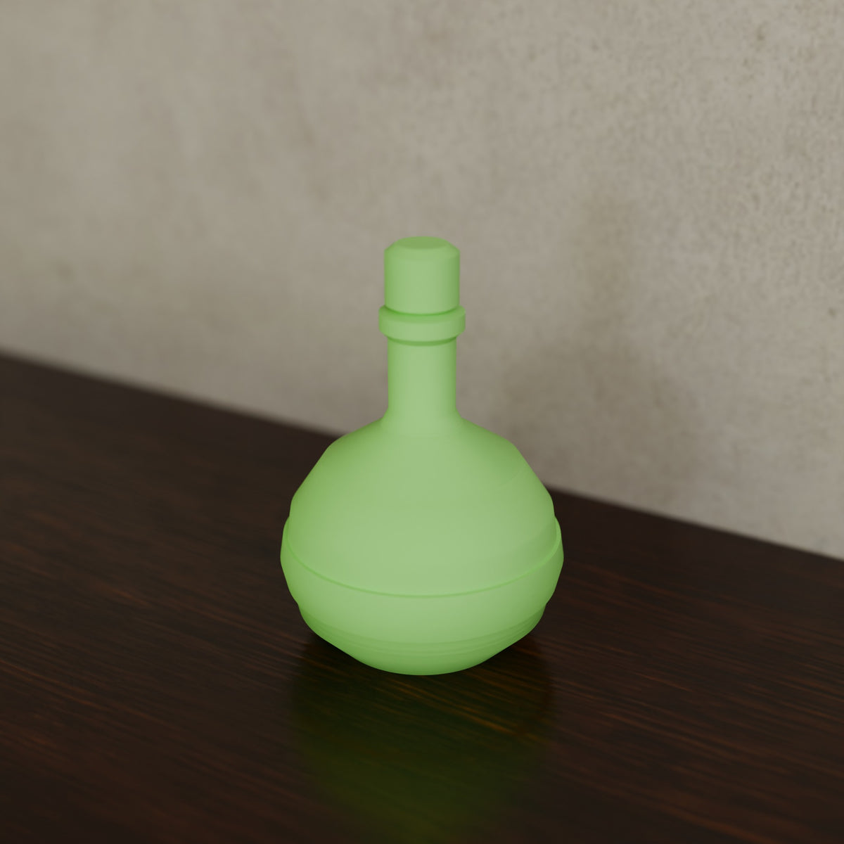 Apothecary Potion Bottle (Round flask) in Green glow-in-the-dark PLA, on a dark wooden shelf