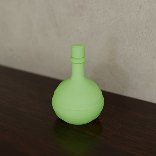 Apothecary Potion Bottle (Round flask) in Green glow-in-the-dark PLA, on a dark wooden shelf