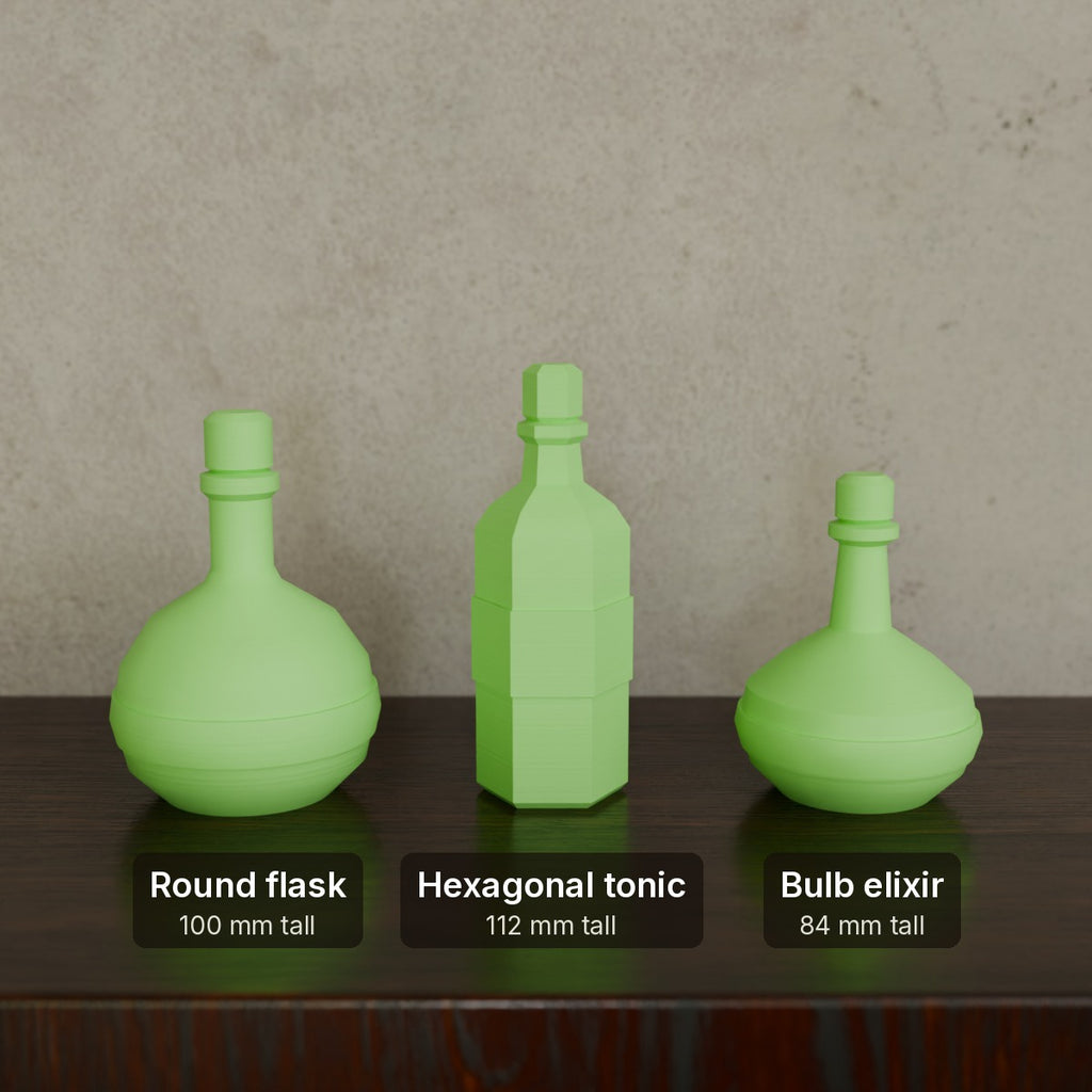 Size guide: Round flask 100 mm, Hexagonal tonic 112 mm, Bulb elixir 84 mm