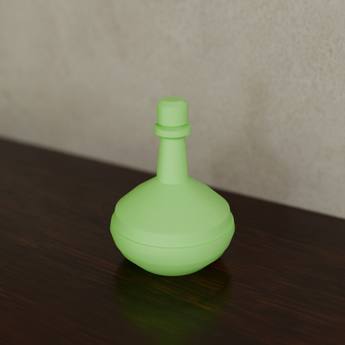 Apothecary Potion Bottle (Bulb elixir) in Green glow-in-the-dark PLA, on a dark wooden shelf