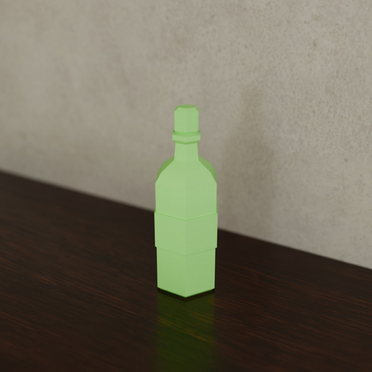 Apothecary Potion Bottle (Hexagonal tonic) in Green glow-in-the-dark PLA, on a dark wooden shelf