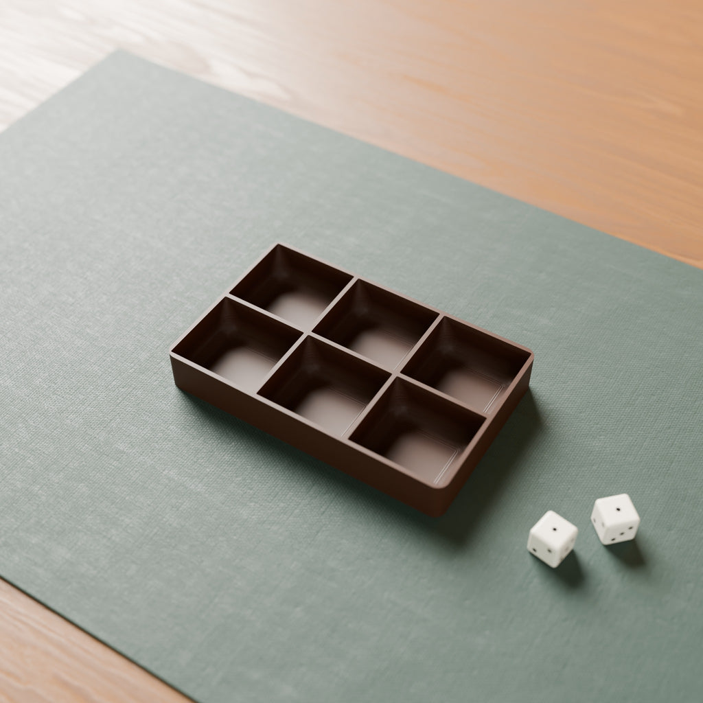 Board Game Token Tray in Matte Walnut Brown PLA, with dice on a game mat