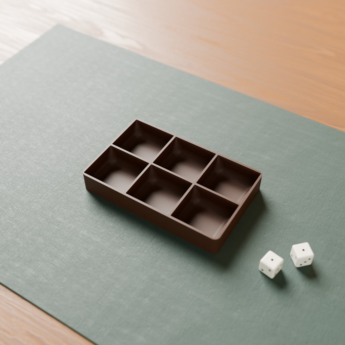 Board Game Token Tray in Matte Walnut Brown PLA, with dice on a game mat
