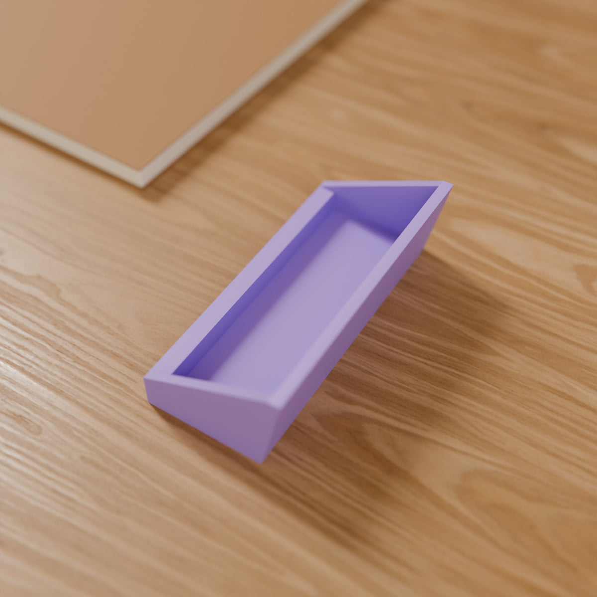 Business Card Holder in Matte Lavender PLA, on a wooden desk