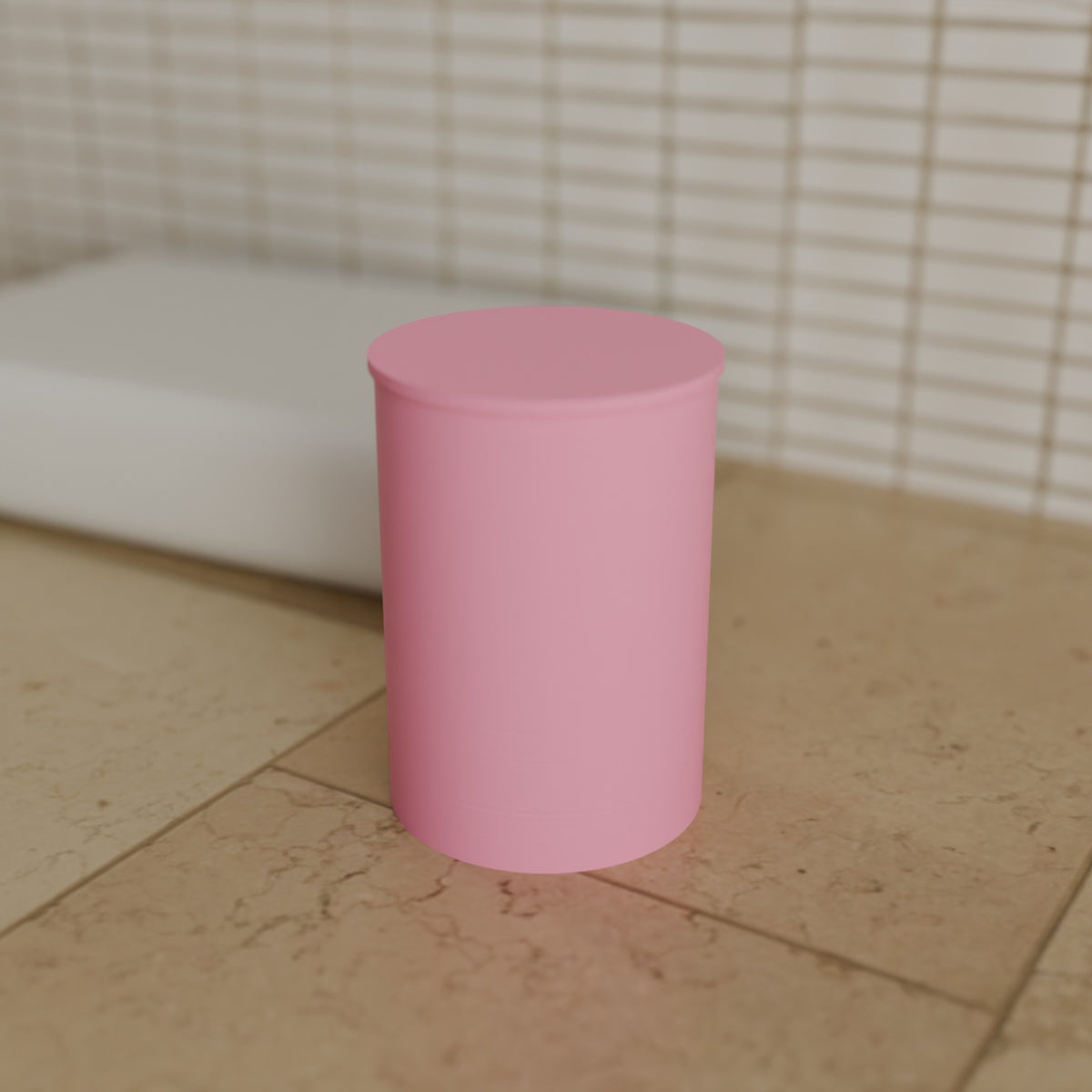 Cotton Swab Jar with Lid in Matte Pink PLA, on a bathroom counter