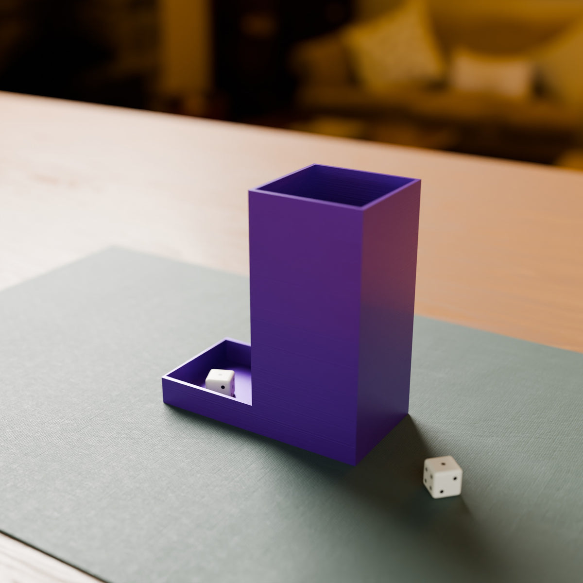 Dice Tower with Tray in Silk Purple PLA, with dice on a game mat