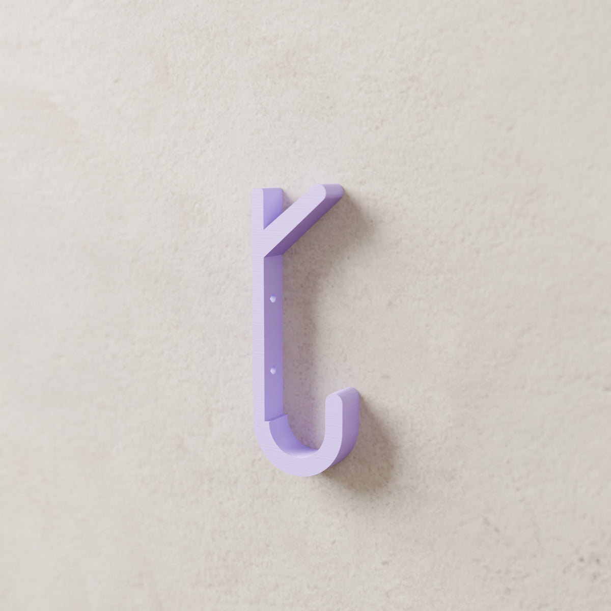 Double Coat Hook in Matte Lavender PLA, mounted on a wall