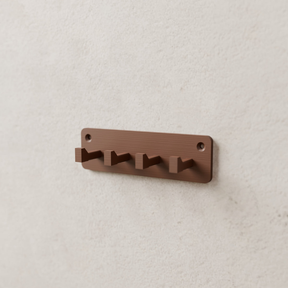 Entryway Key Rack in Matte Walnut Brown PLA, mounted on a wall