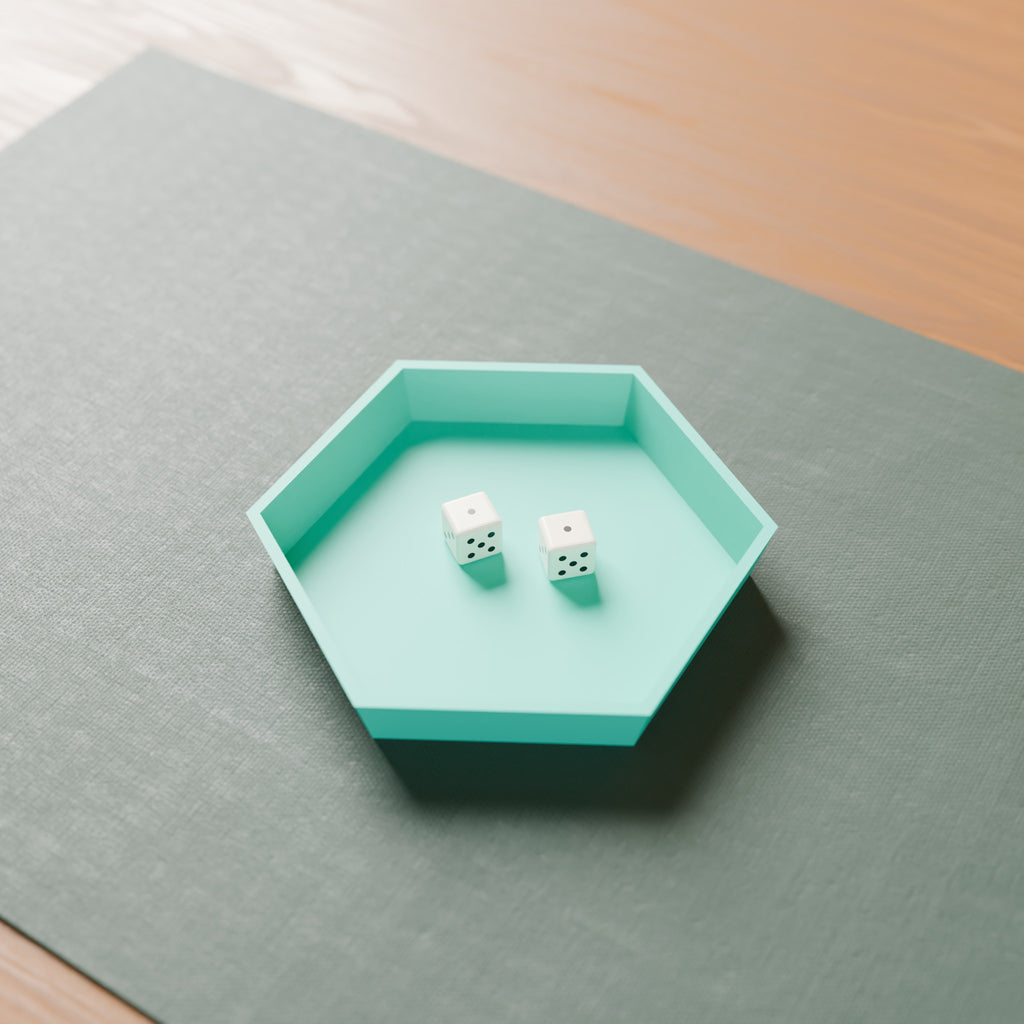 Hex Dice Rolling Tray in Matte Teal PLA, with dice on a game mat