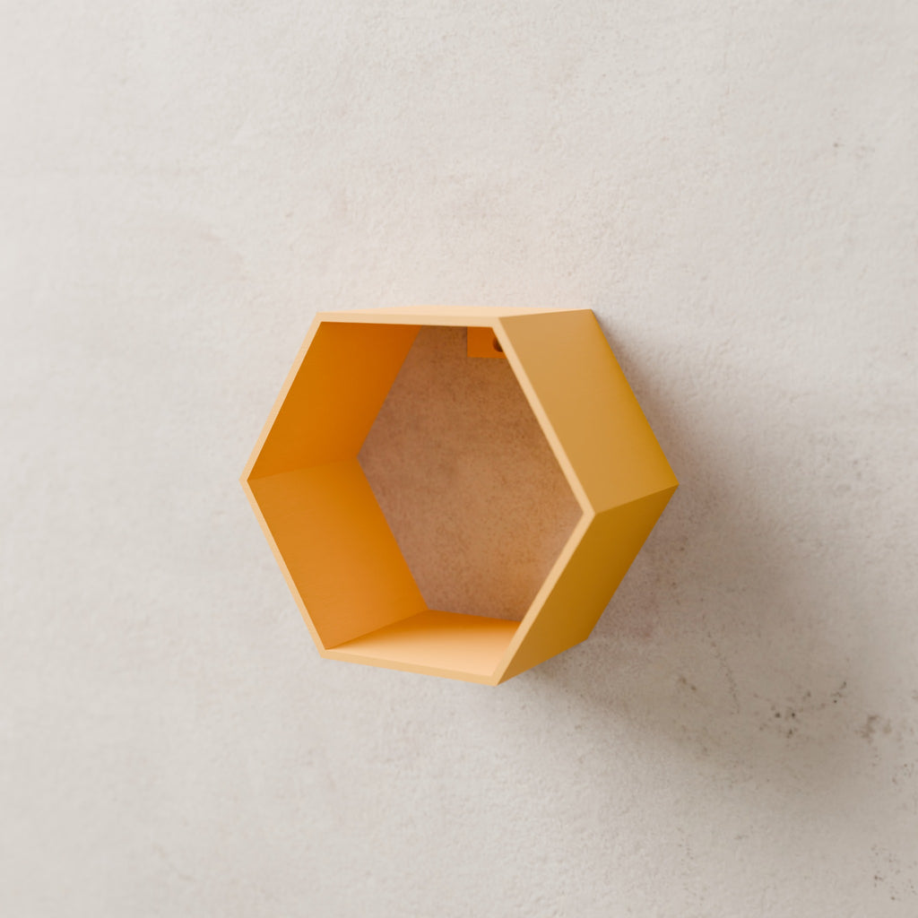 Hexagon Floating Wall Shelf in Matte Mustard PLA, mounted on a wall