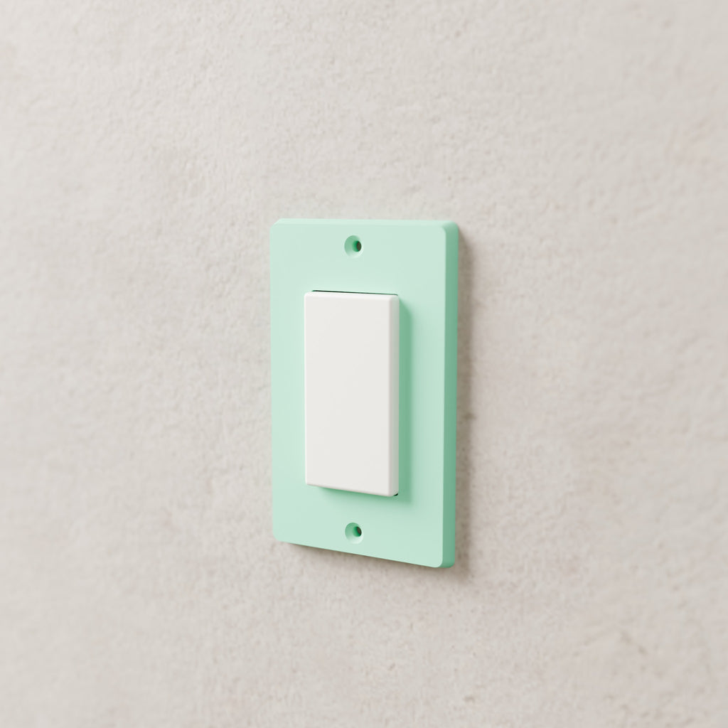 Light Switch Cover Plate (Decora / rocker) in Matte Mint PLA, on a wall around a rocker switch