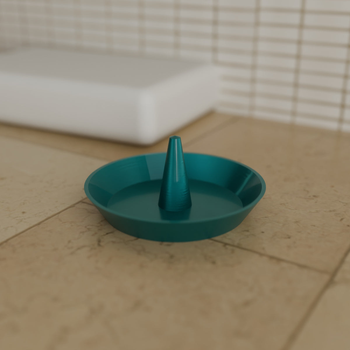 Ring Cone Jewelry Dish in Silk Teal PLA, on a bathroom counter