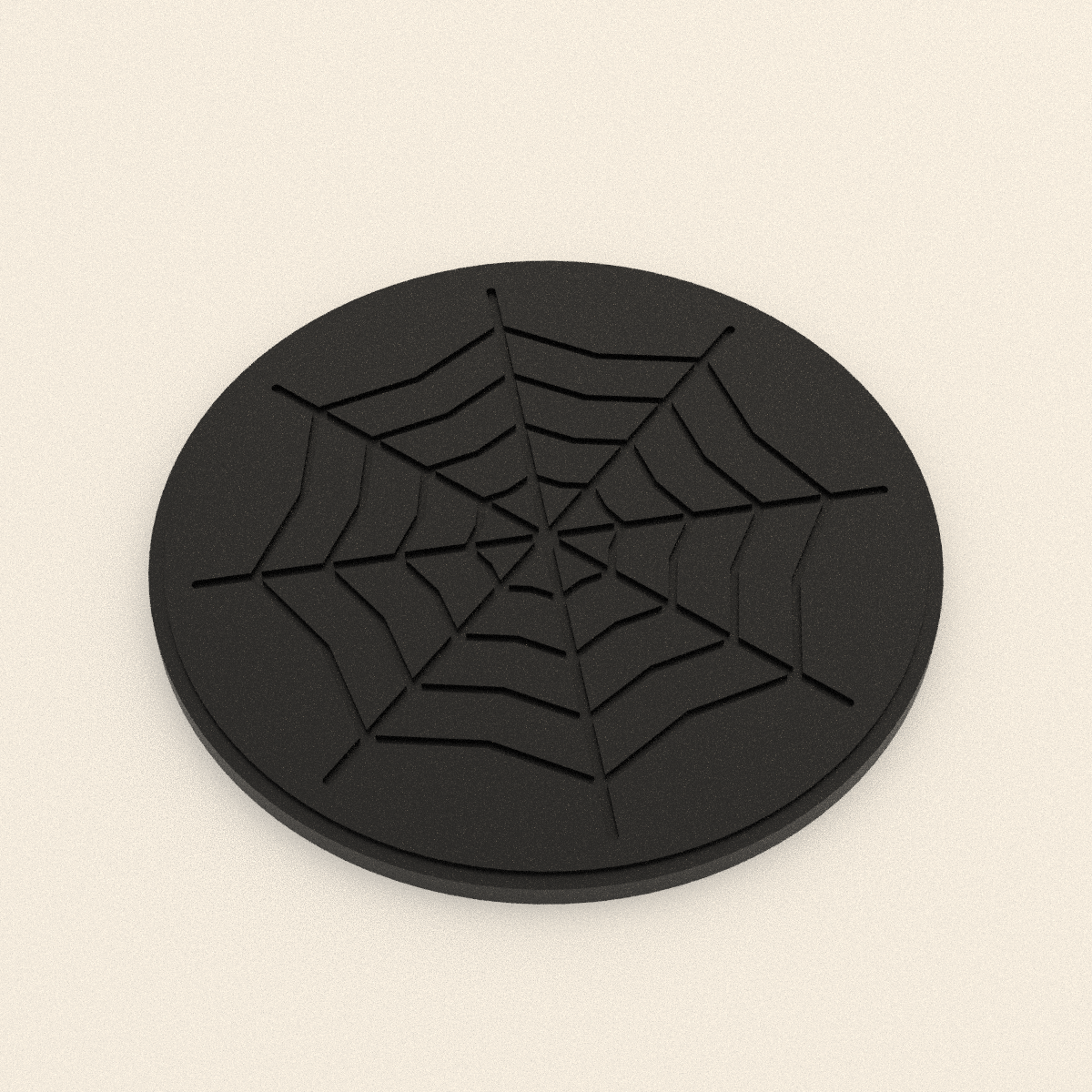 Spiderweb Coaster in Matte Black PLA, 3D render on a plain background