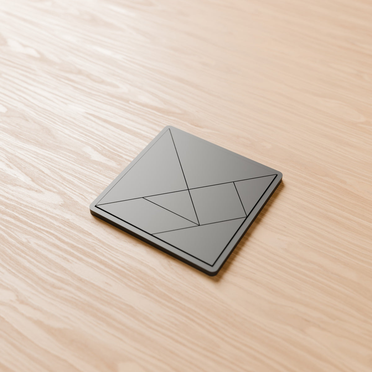 Tangram Puzzle with Frame in Matte Charcoal PLA, on a wooden table