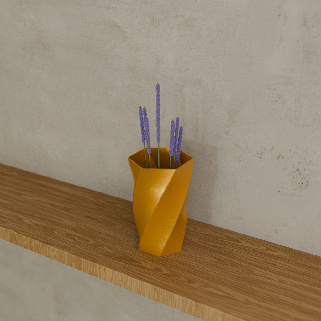 Twisted Hex Vase in Silk Gold PETG, holding dried lavender on a wooden shelf