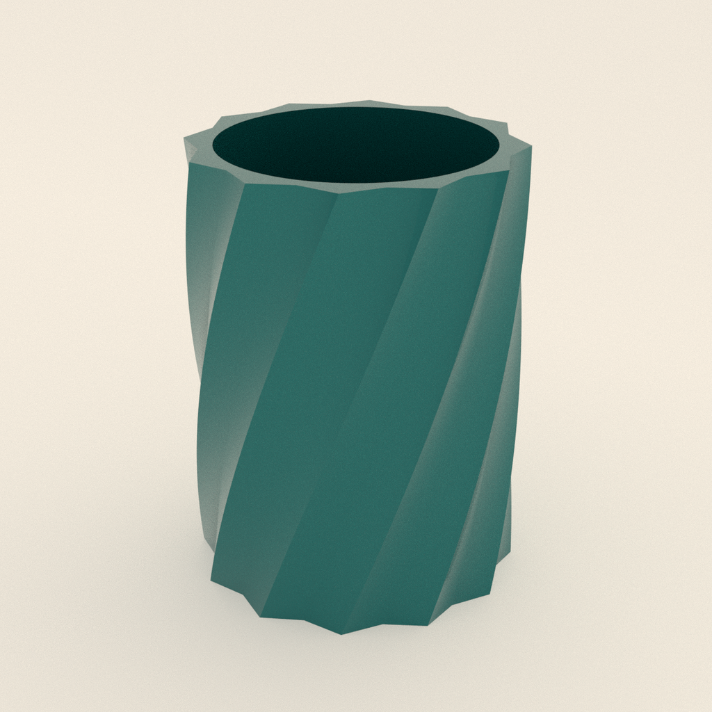 Twisted Star Pen Cup in Silk Teal PLA, 3D render on a plain background