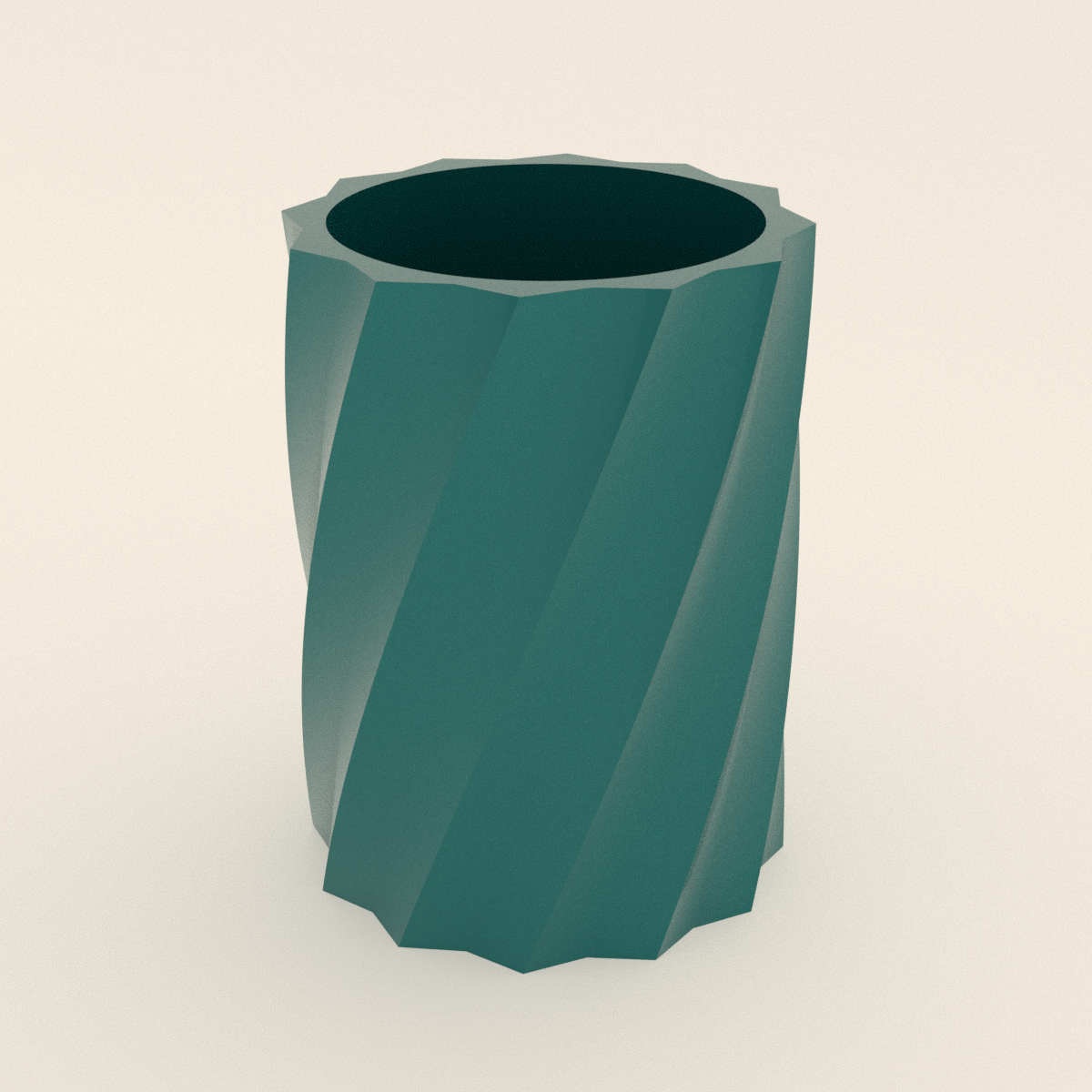 Twisted Star Pen Cup in Silk Teal PLA, 3D render on a plain background
