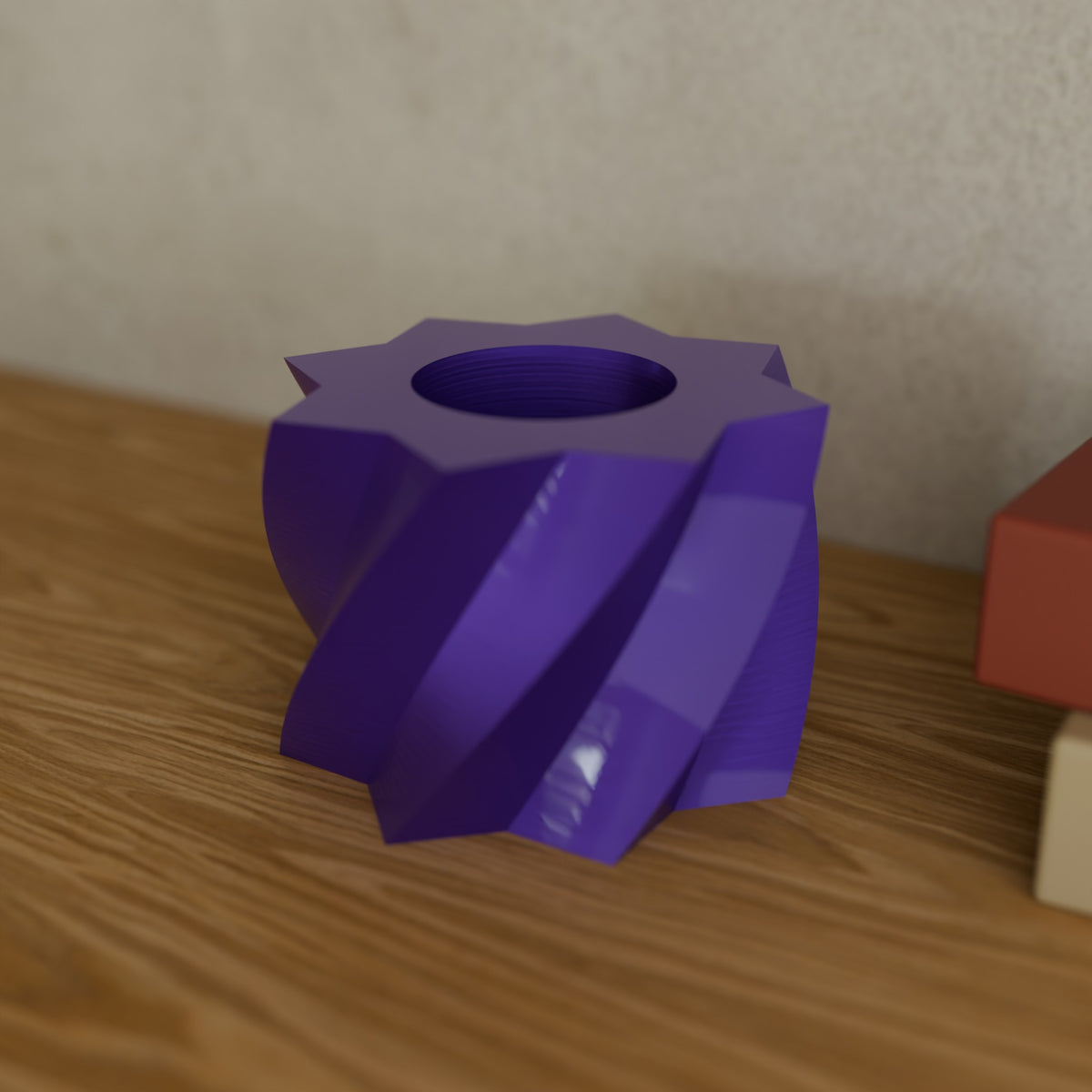 Twisted Star Tealight Holder (Tall 60 mm) in Silk Purple PETG, on a wooden shelf