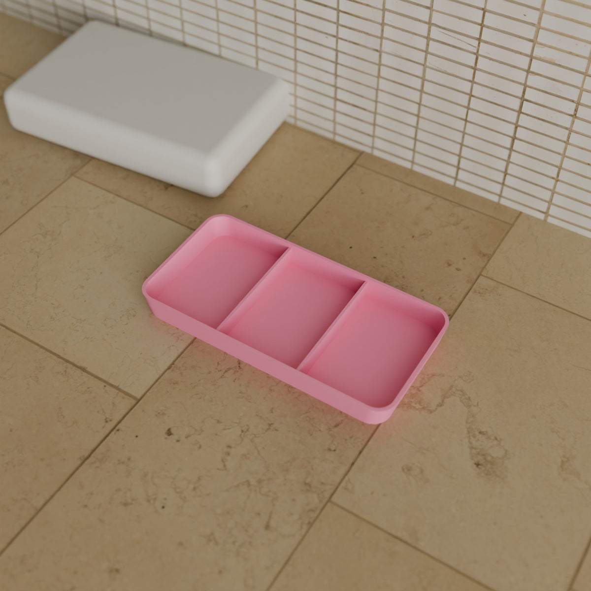 Vanity Organizer Tray in Matte Pink PLA, on a bathroom counter